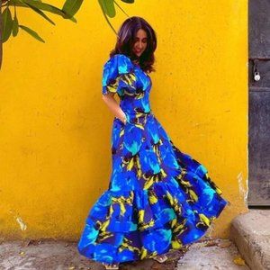 NEW Christopher John Rogers Blue Floral Puff Maxi